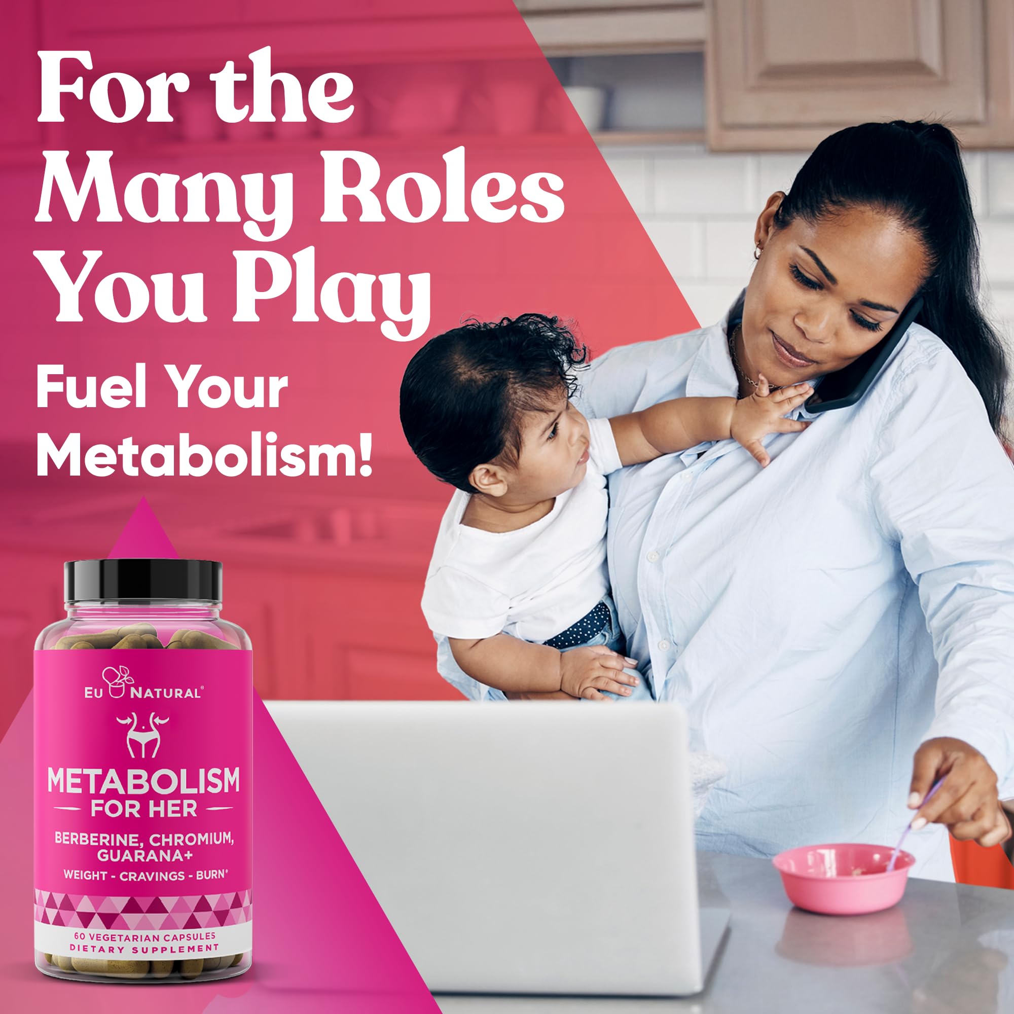 Eu Natural Metabolism for Her vegetarian capsules in blister pack underline cruelty-free plant-based supplement.