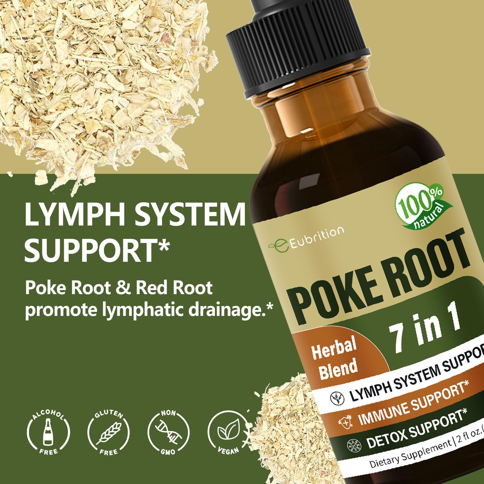 Close-up of poke root and herbal ingredients label