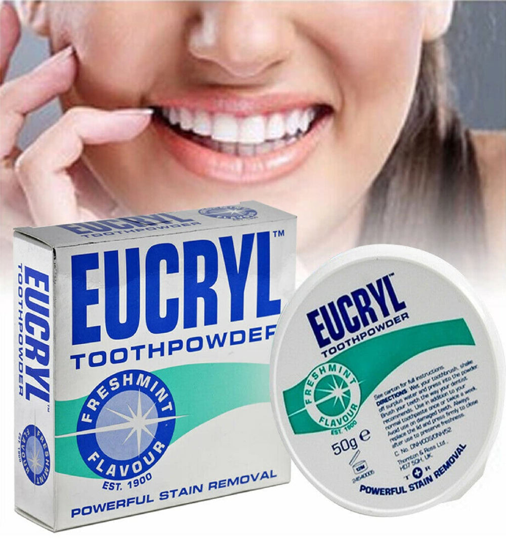 Scoop of Eucryl Smokers Tooth Powder with mint powder