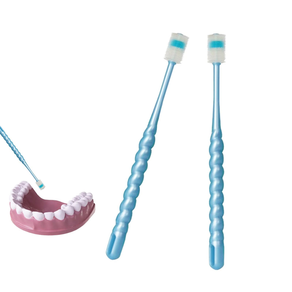 Two spherical blue toothbrushes, each individually wrapped