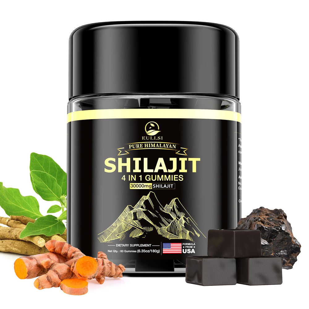 Front of Eullsi Shilajit Gummies bottle with berry flavor, 60-count
