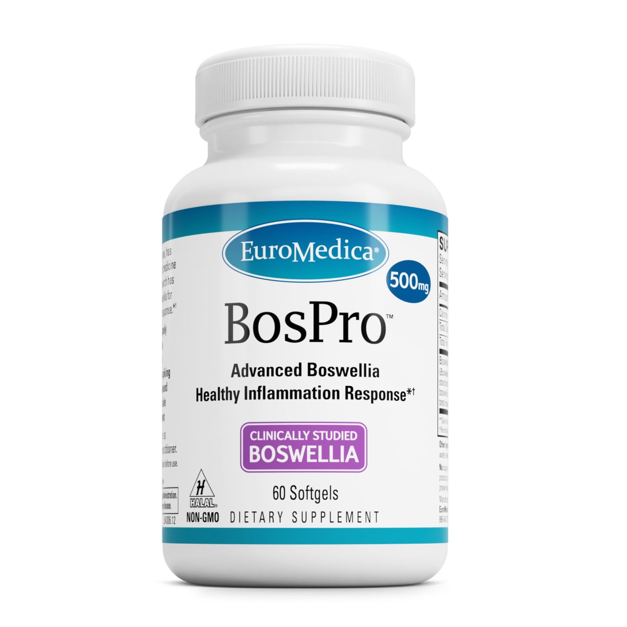 Front view of EuroMedica BosPro bottle with 60 softgels