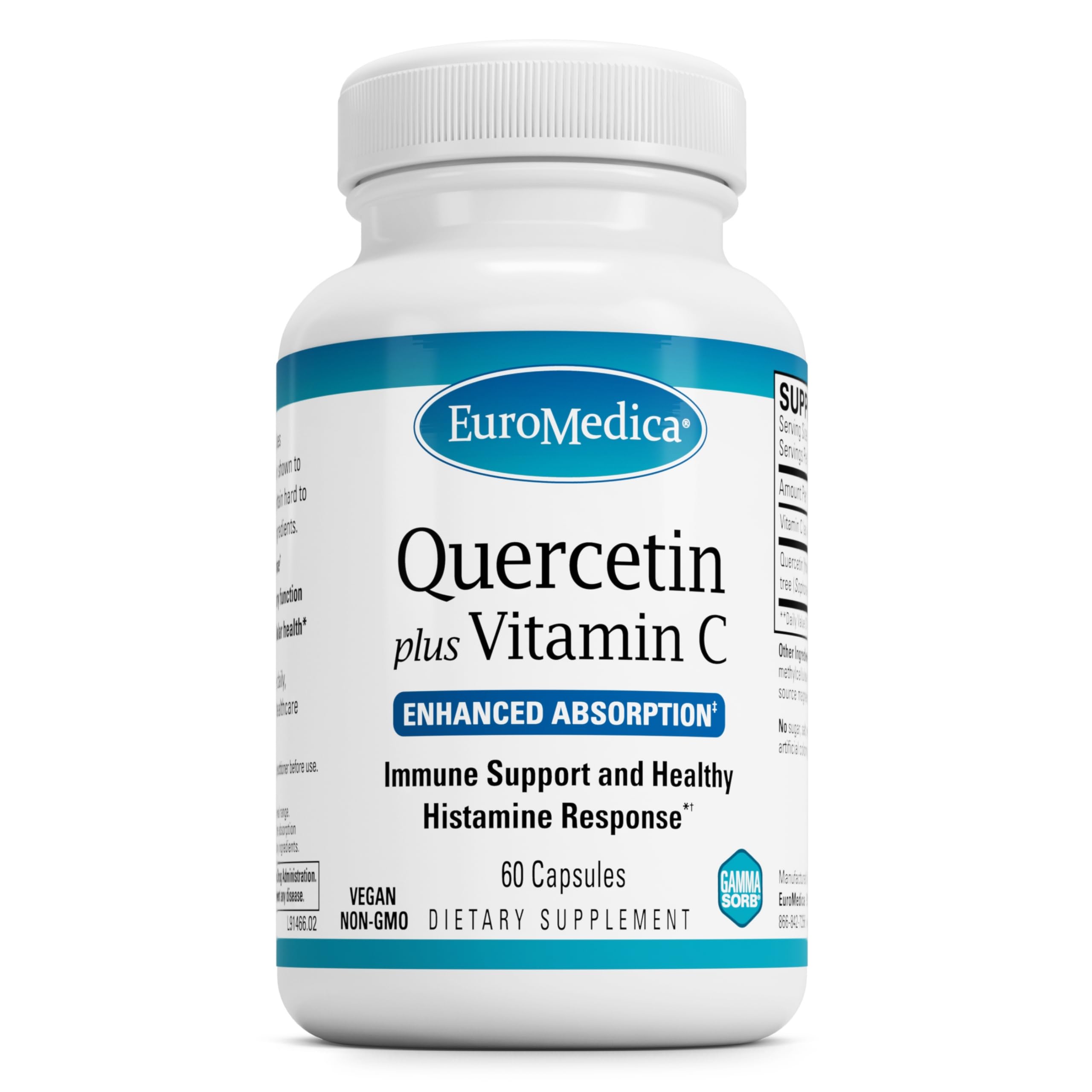 EuroMedica Quercetin Plus Vitamin C bottle label featuring 60 capsules