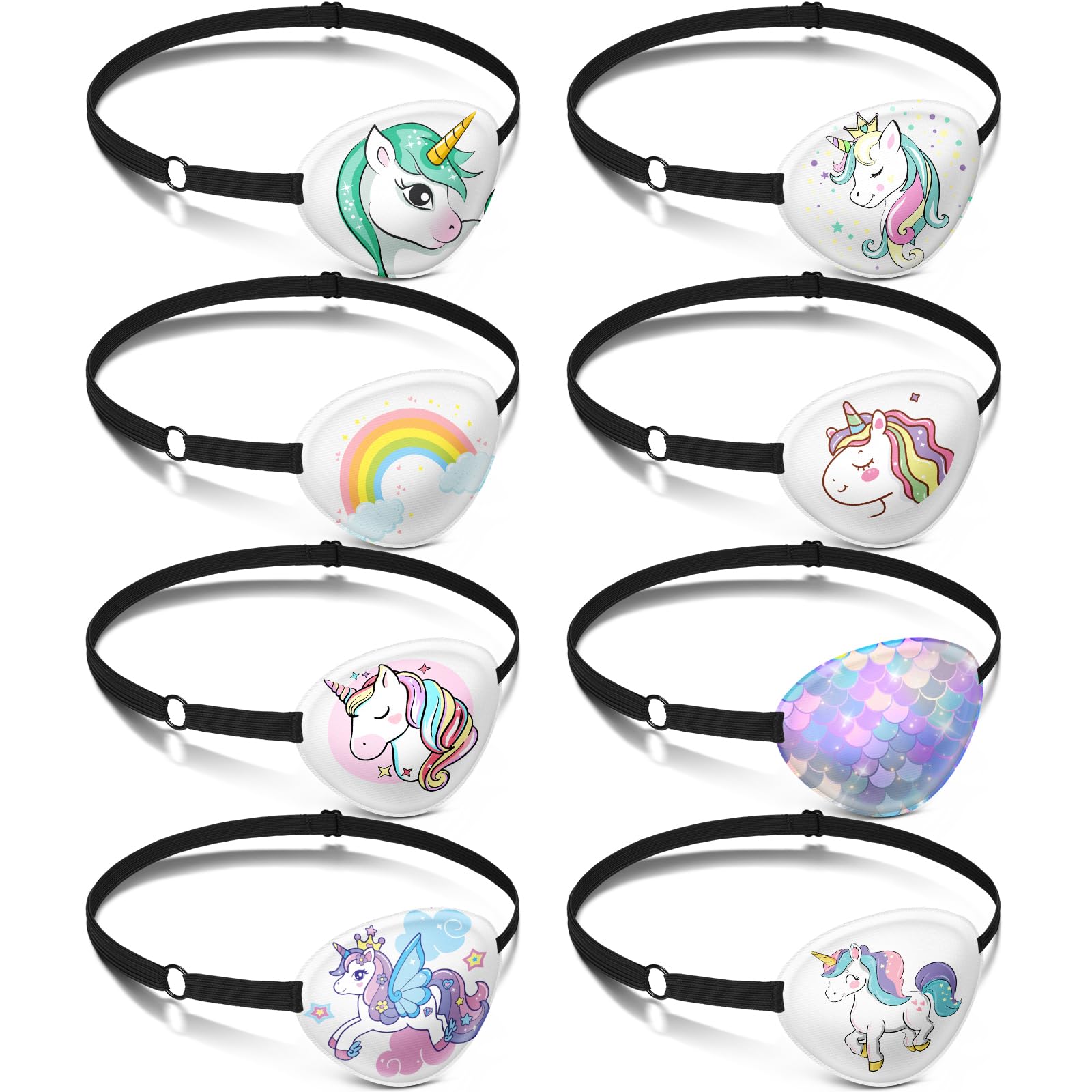 Eight unicorn-pattern kids fabric eye patches with adjustable elastic strap