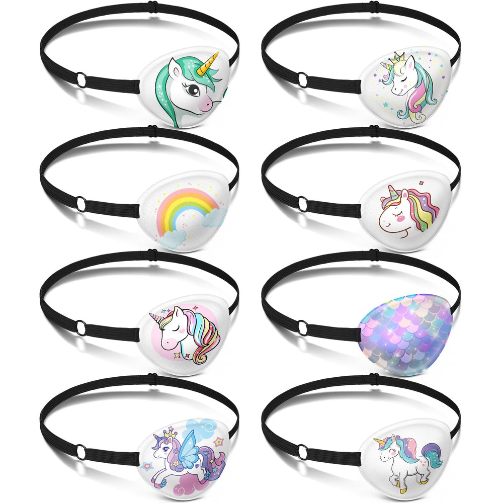 Eight unicorn-pattern kids fabric eye patches with adjustable elastic strap