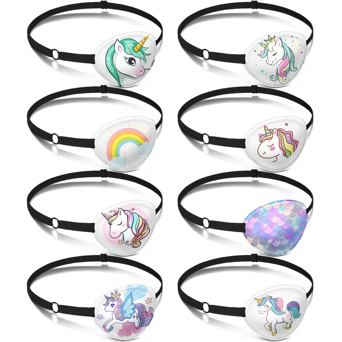 Eight unicorn-pattern kids fabric eye patches with adjustable elastic strap