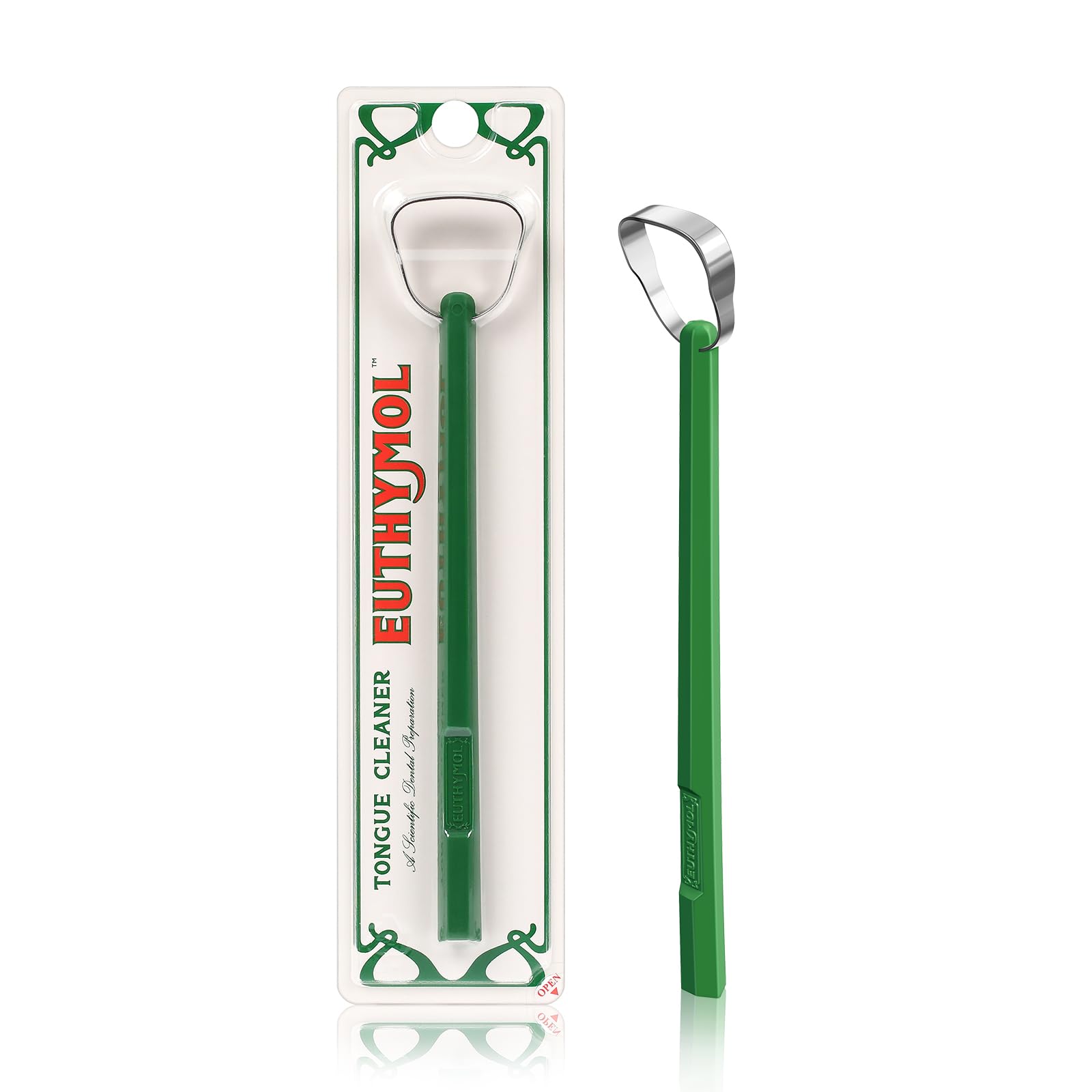 Product shot of Euthymol 304 stainless steel tongue scraper