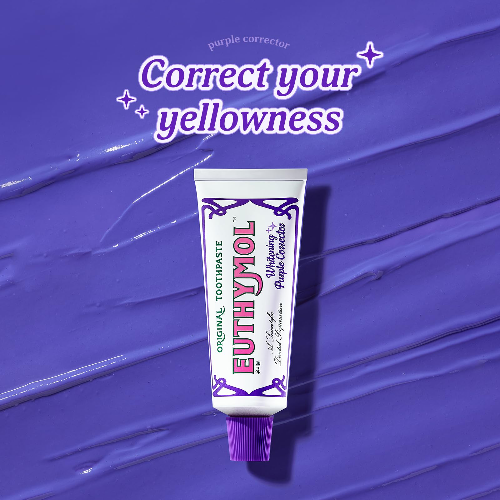 Purple Whitening toothpaste tube close-up