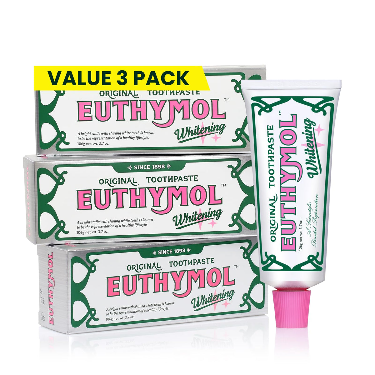 EUTHYMOL Whitening Toothpaste Pack of 3 front view (3.7 oz each)