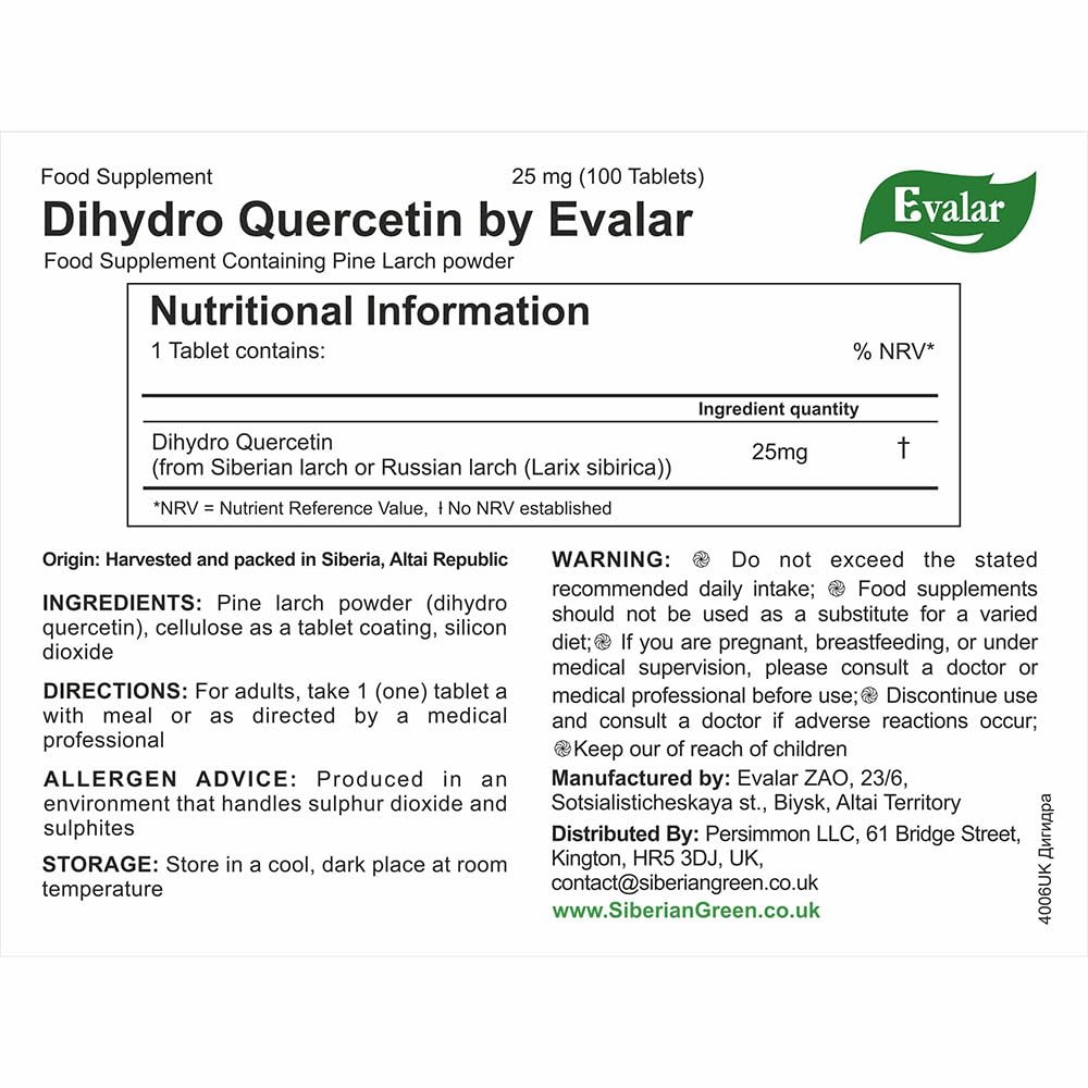 Product shot of Evalar Dihydro Quercetin 100 Tabs on white background