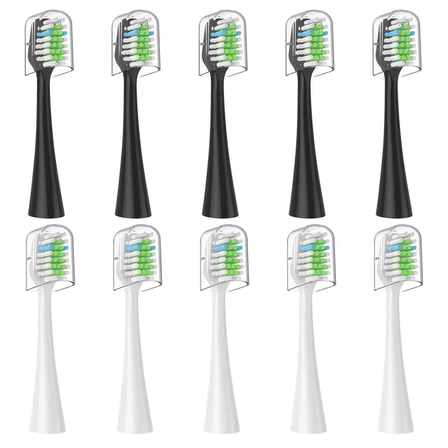 Everystep 10-pack replacement toothbrush heads for AquaSonic Duo and Home Dental Center, black and white heads