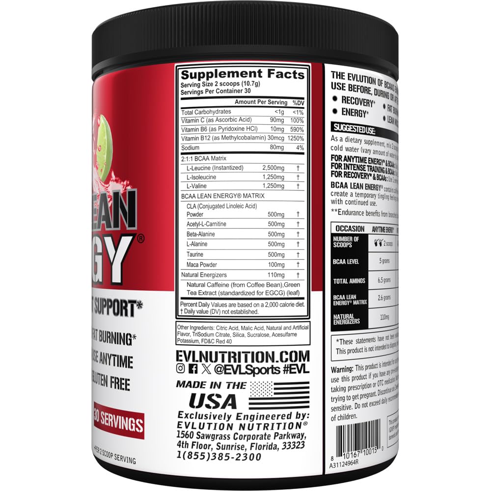Nutrition facts panel for EVL BCAA Lean Energy Powder
