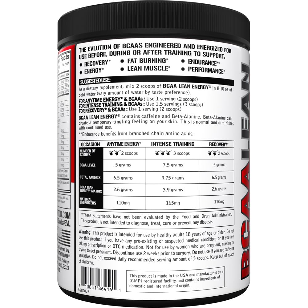 EVL BCAA Lean Energy Powder ingredients panel – Fruit Punch