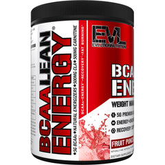 Scooped serving of EVL BCAA Lean Energy Powder next to glass – Fruit Punch
