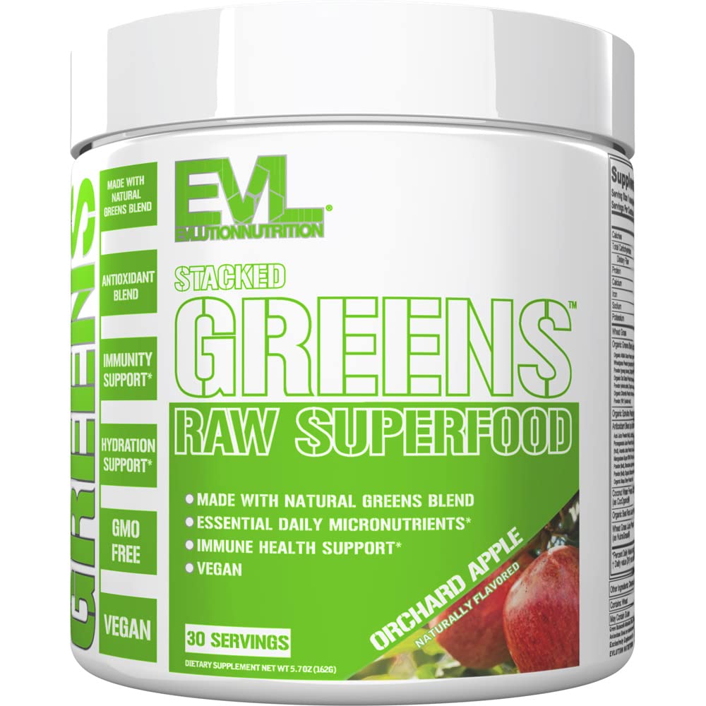 EVL Stacked Greens tub with Orchard Apple flavor label