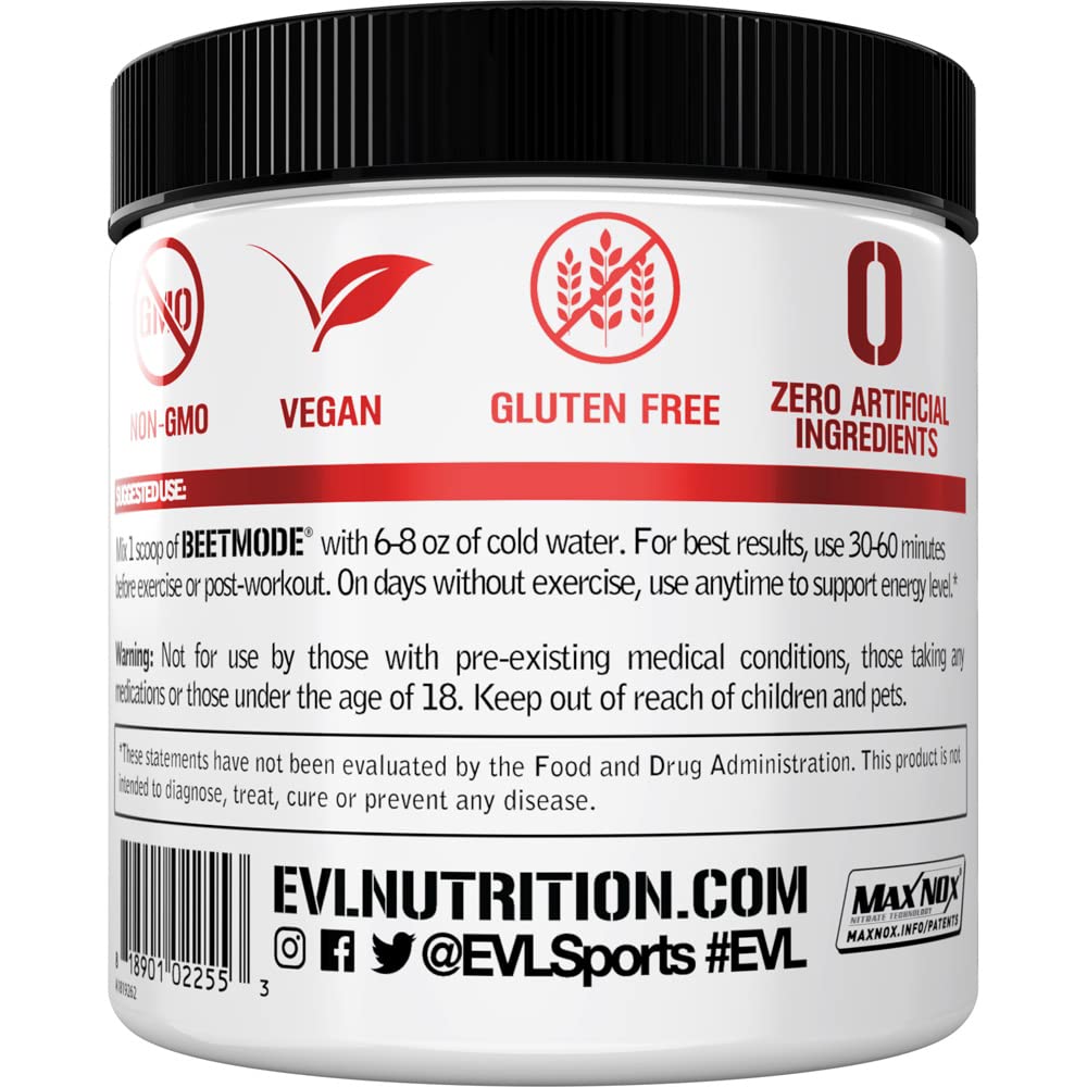 Evlution BeetMode label close-up highlighting organic beet powder and vegan ingredients