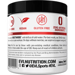 Evlution BeetMode label close-up highlighting organic beet powder and vegan ingredients