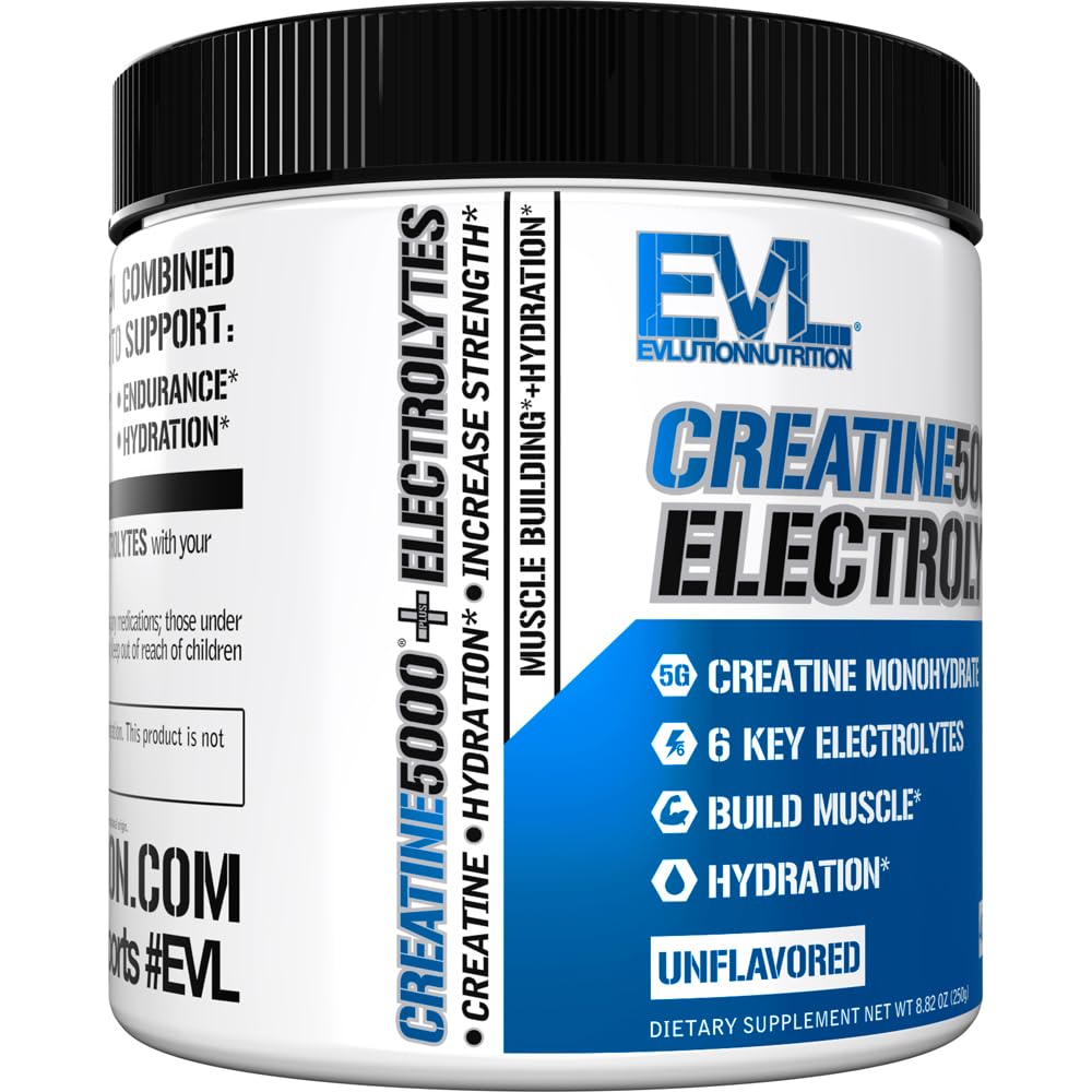 Pouring scoop of EVL Creatine 5000 + Electrolytes unflavored powder into liquid