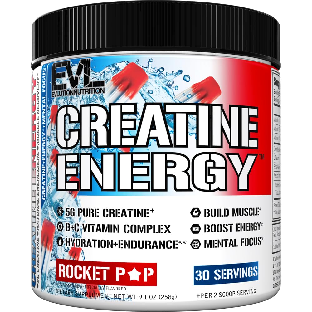 EVL Creatine Energy Rocket Pop flavor bottle and 5g creatine monohydrate per serving