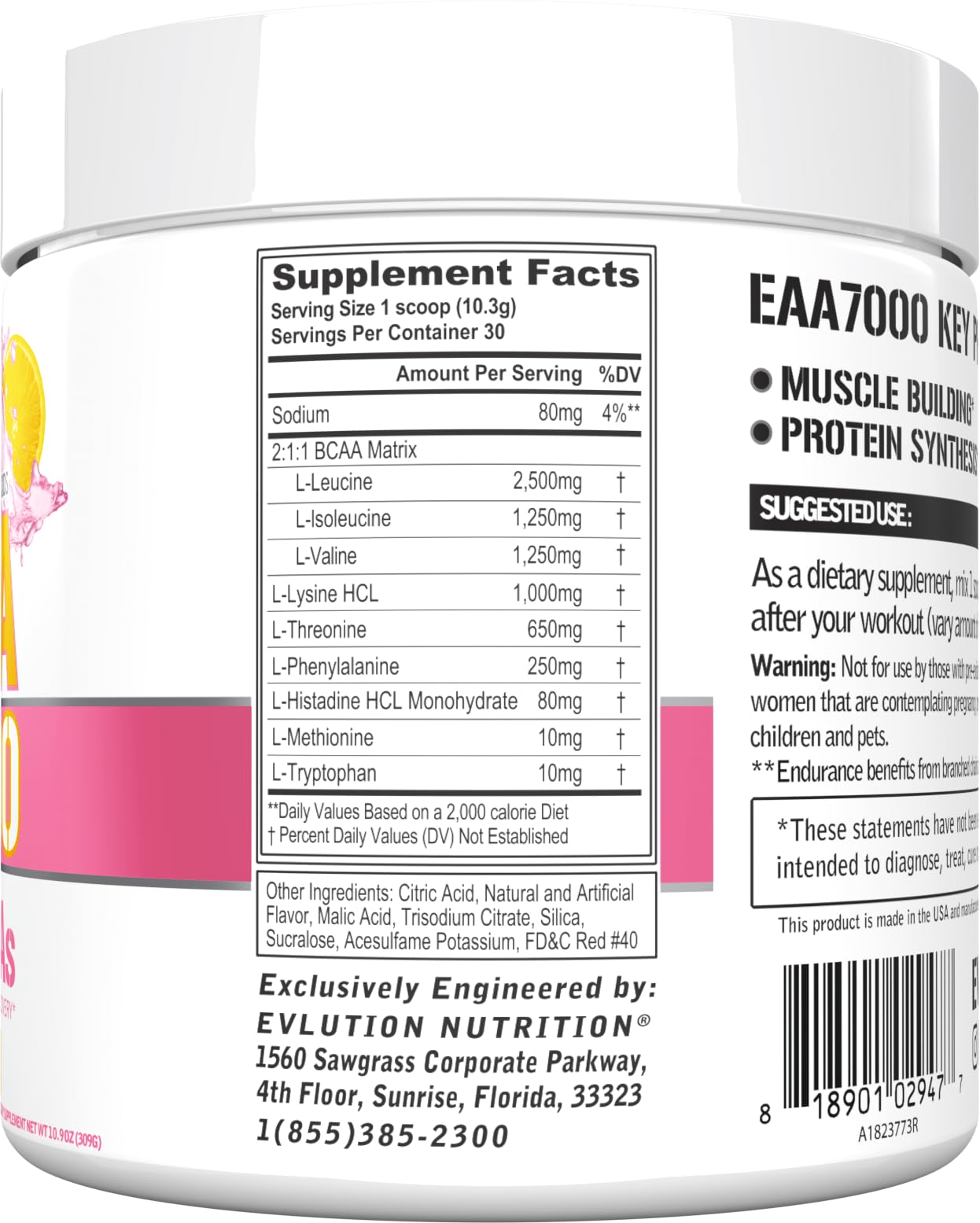Close-up of EAA7000 nutrition label showing EAAs and BCAAs