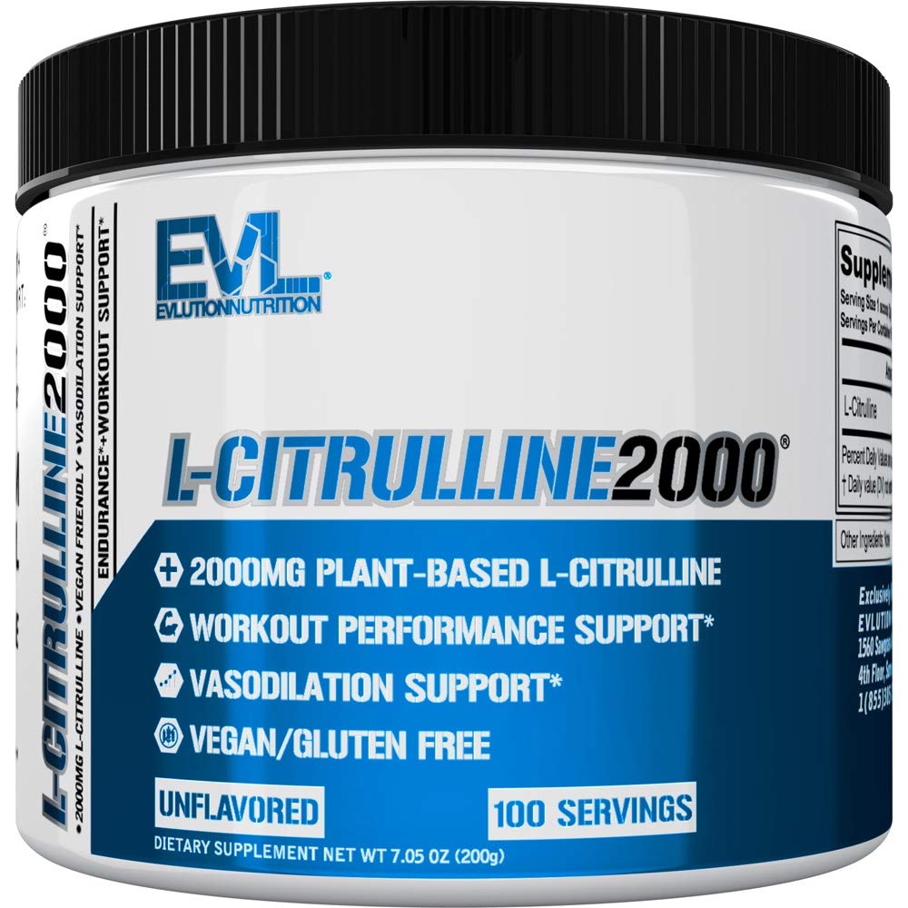 Evlution L-Citrulline2000 powder tub ready for mixing, plant-based pumps.