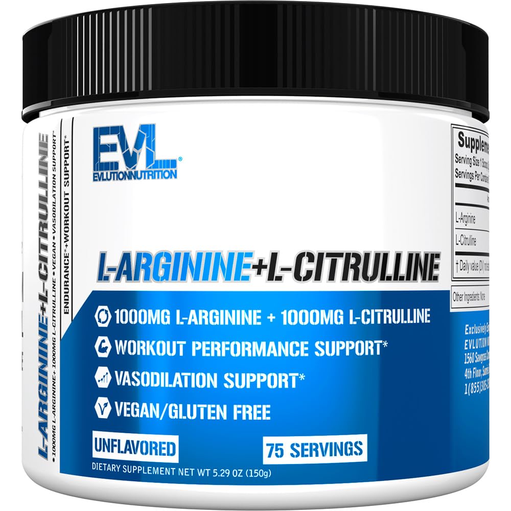 EVLUTION Nutrition L-Arginine + L-Citrulline powder with 2000mg complex on label