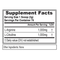 Close-up of 1000mg L-Arginine and 1000mg L-Citrulline per serving