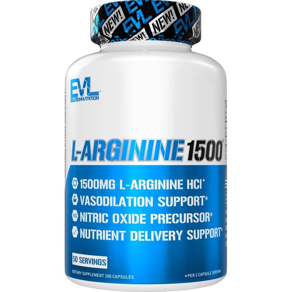 Evlution Nutrition Nitric Oxide Booster bottle highlighting L-Arginine for pumps