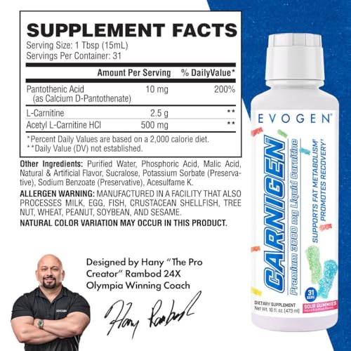 Evogen Carnigen Liquid bottle label close-up showing L-Carnitine 3000 matrix.