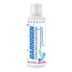 Evogen Carnigen Liquid bottle being poured, signaling caffeine-free metabolism support.