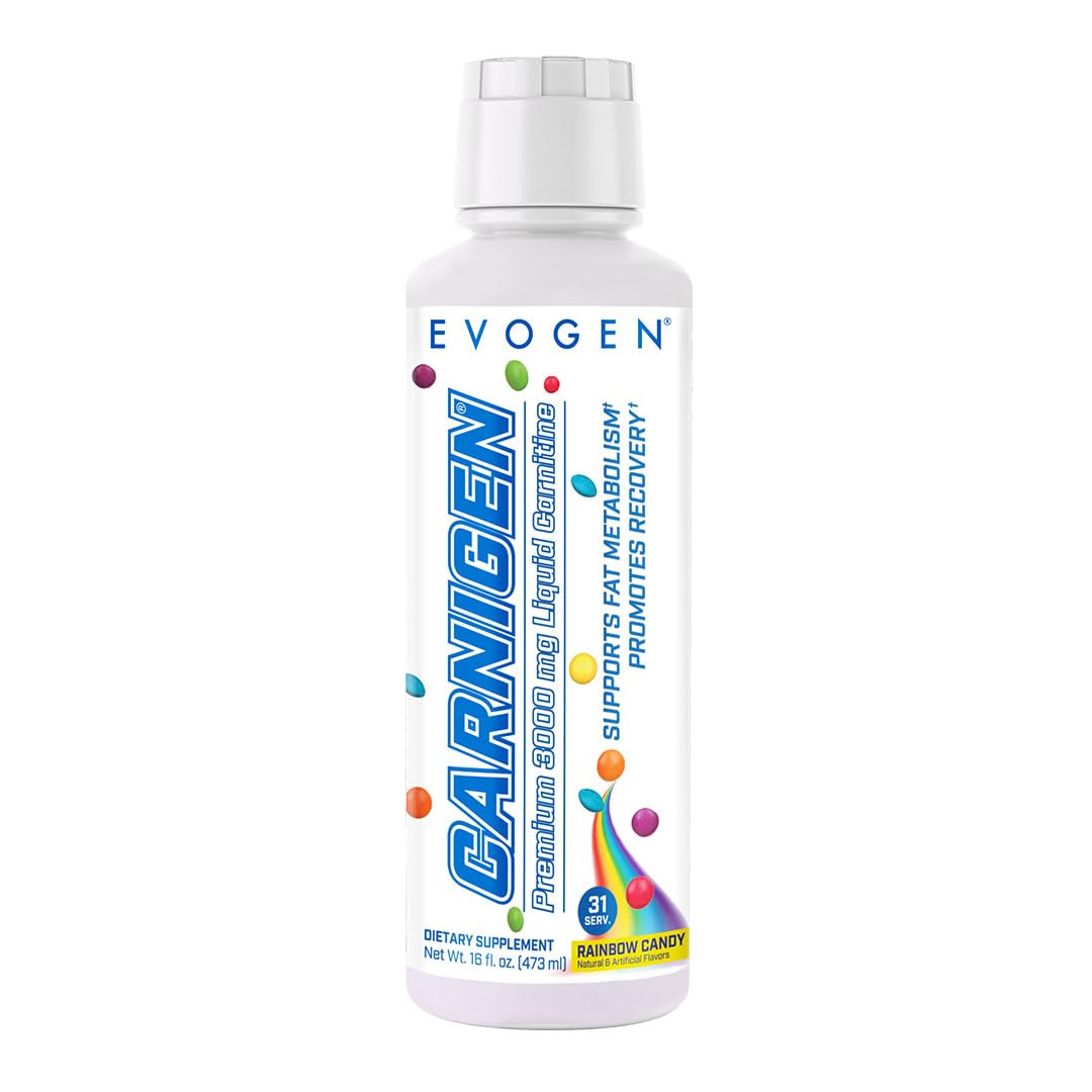 Evogen Carnigen Liquid bottle featuring Rainbow Candy flavor for non-stimulant fat metabolism support.