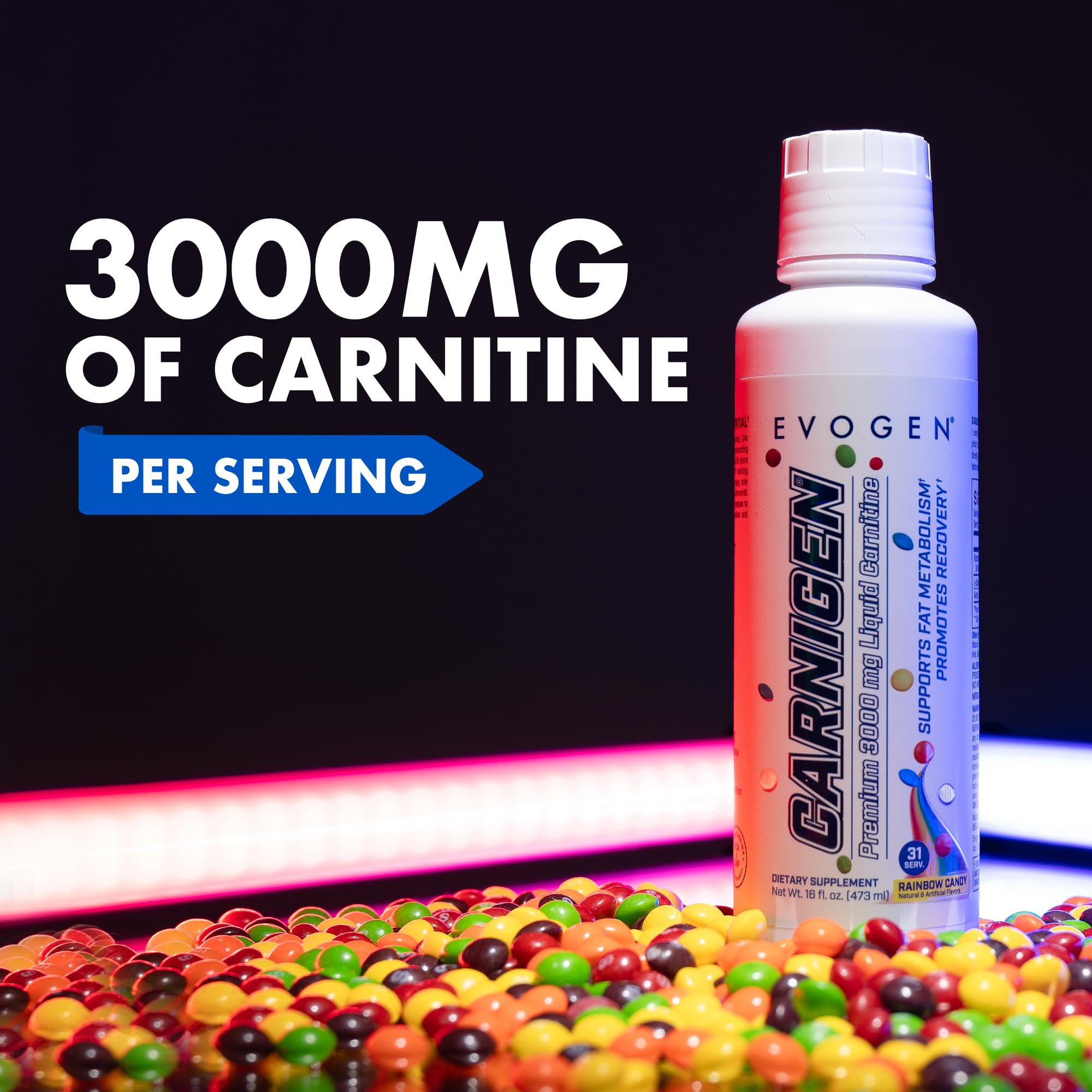 Evogen Carnigen Liquid glass shot reveals clear formula for recovery support.