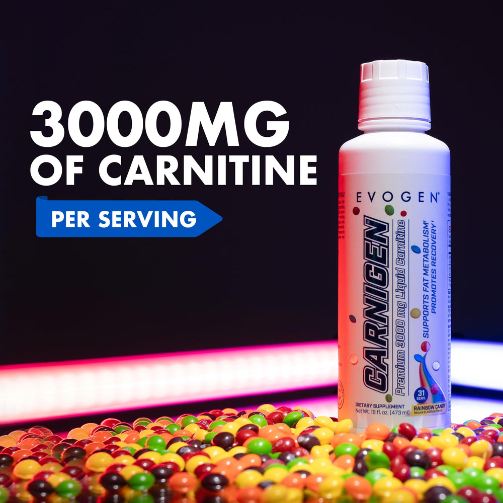 Evogen Carnigen Liquid glass shot reveals clear formula for recovery support.