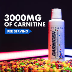 Evogen Carnigen Liquid glass shot reveals clear formula for recovery support.