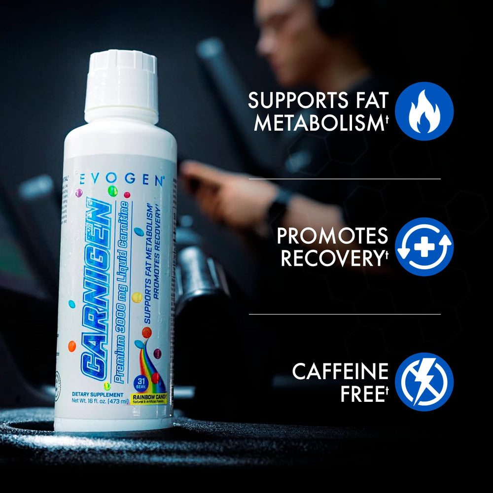 Evogen Carnigen Liquid pour showing smooth, stimulant-free energy support after workouts.