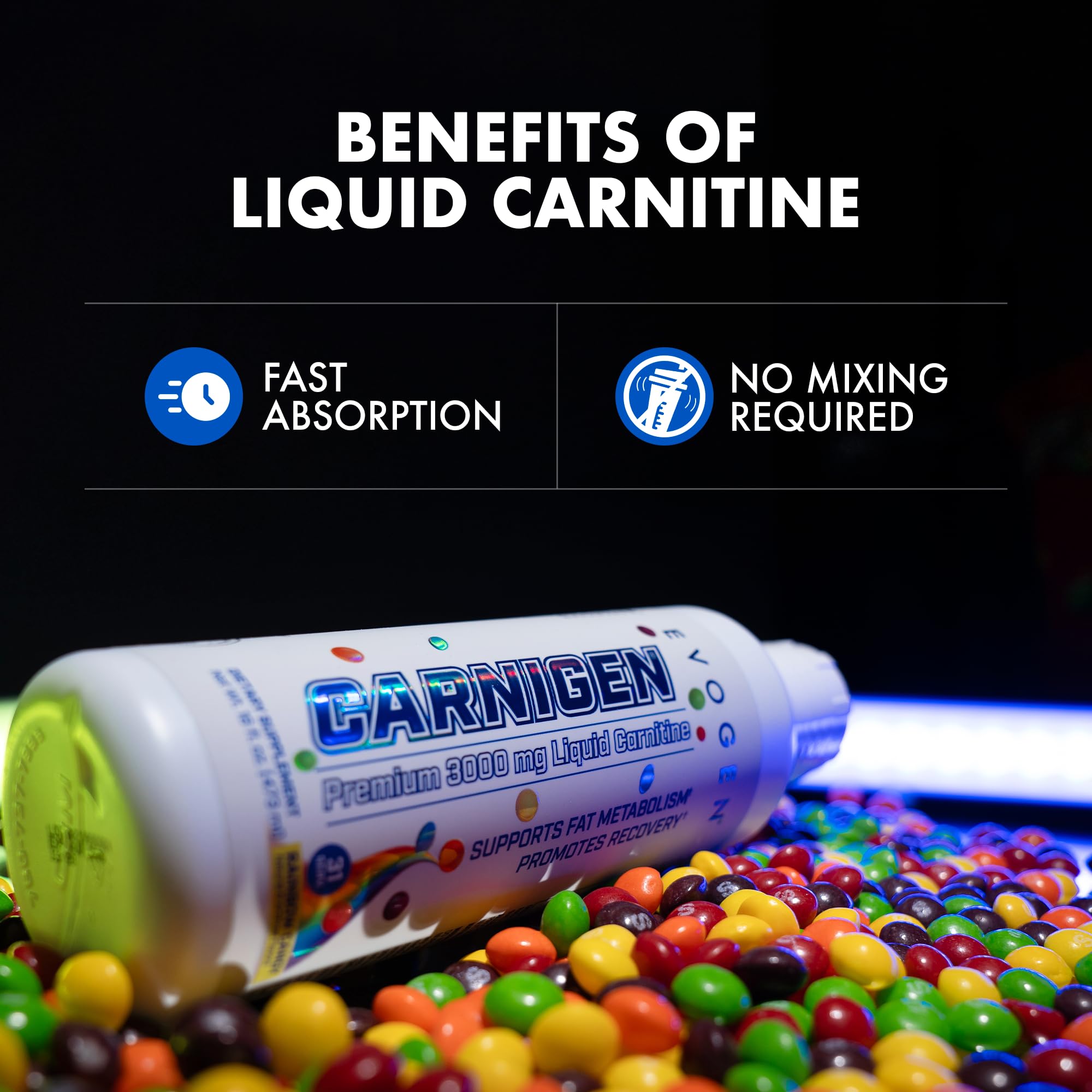 Evogen Carnigen Liquid serving-size depiction emphasizes convenient daily non-stimulant use.