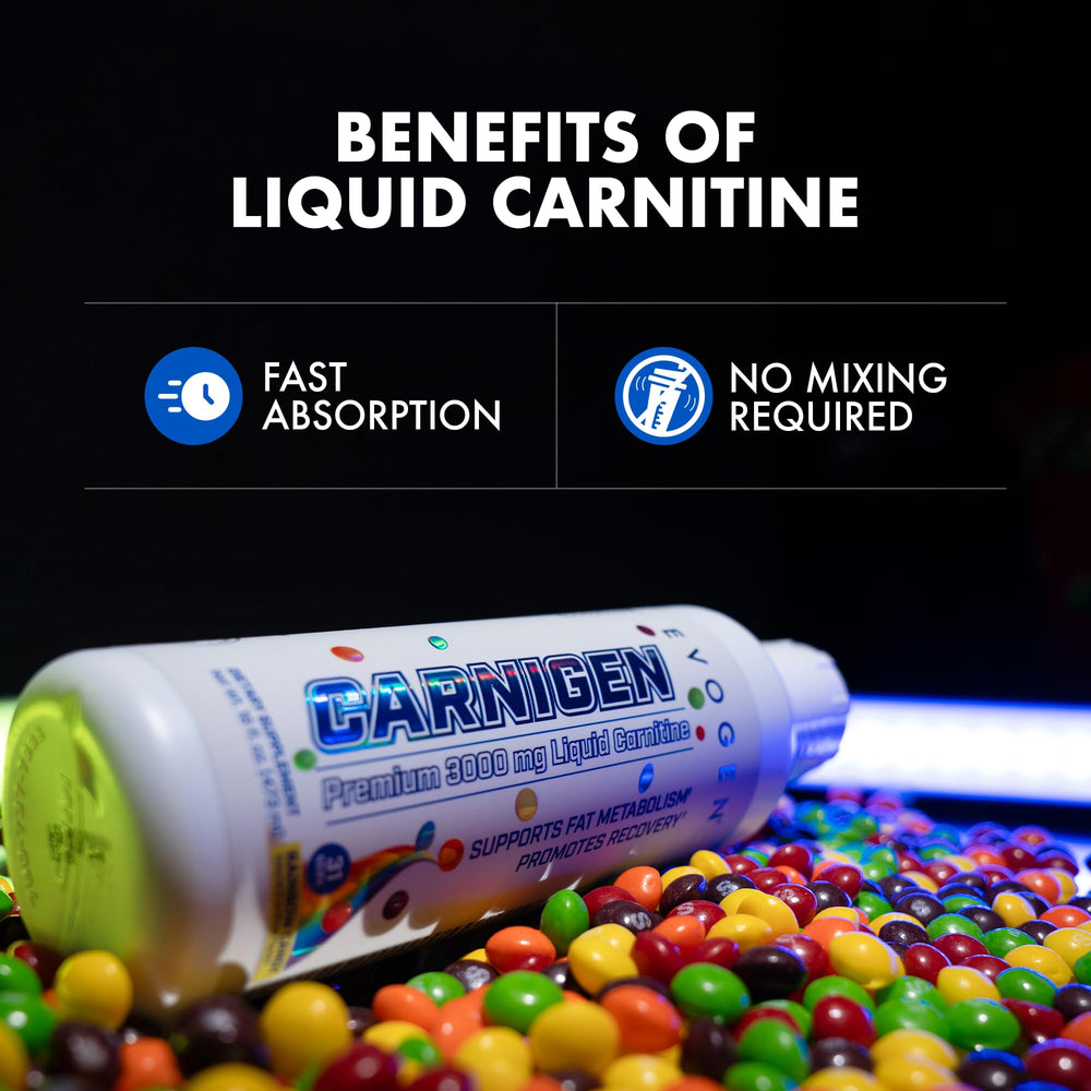Evogen Carnigen Liquid serving-size depiction emphasizes convenient daily non-stimulant use.