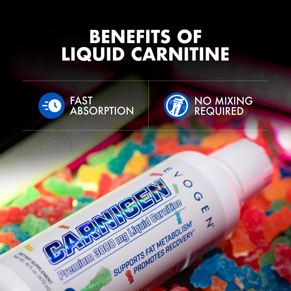 Evogen Carnigen Liquid sour gummies flavor displayed for easy daily use.