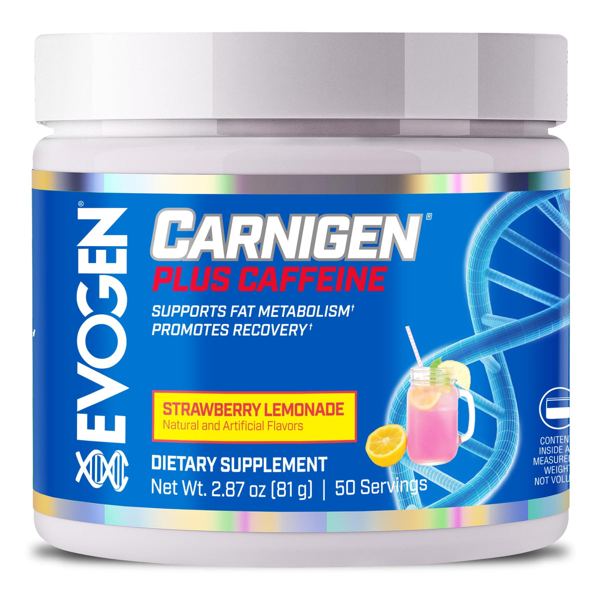 Evogen Carnigen Plus Caffeine label close-up showing premium formula features for athletes