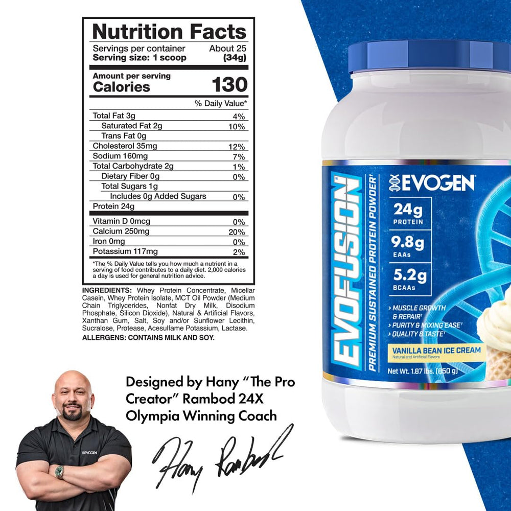 Evogen Evofusion Vanilla Bean Ice Cream flavor label emphasizes indulgent taste.