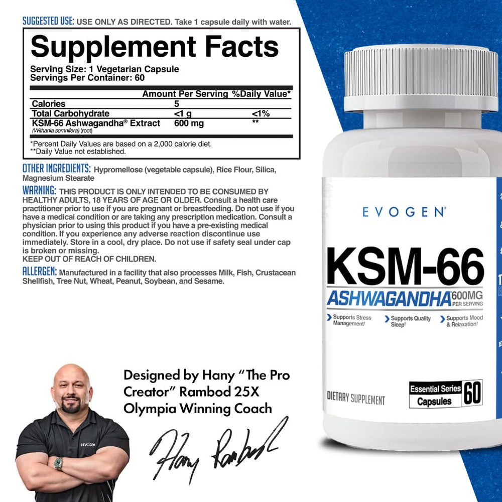 Pack shot of Evogen KSM-66 Ashwagandha 600mg bottle
