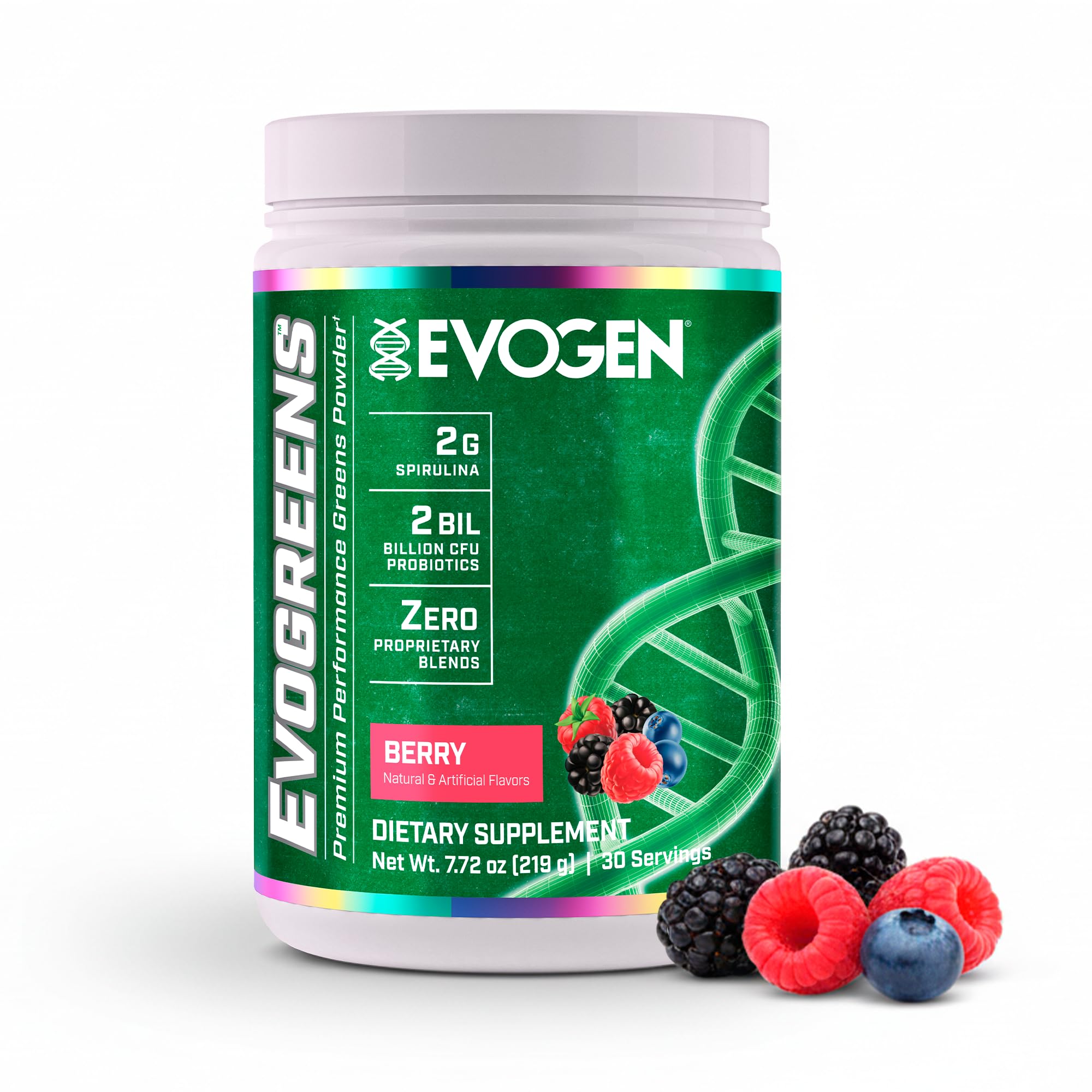 Evogen Evogreens Berry powder tub label