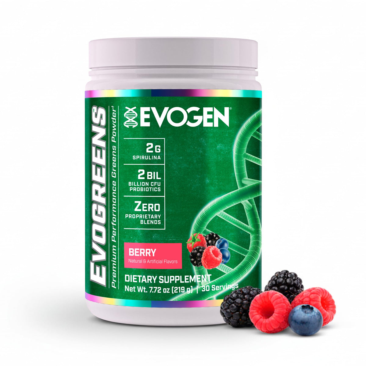 Evogen Evogreens Berry powder tub label
