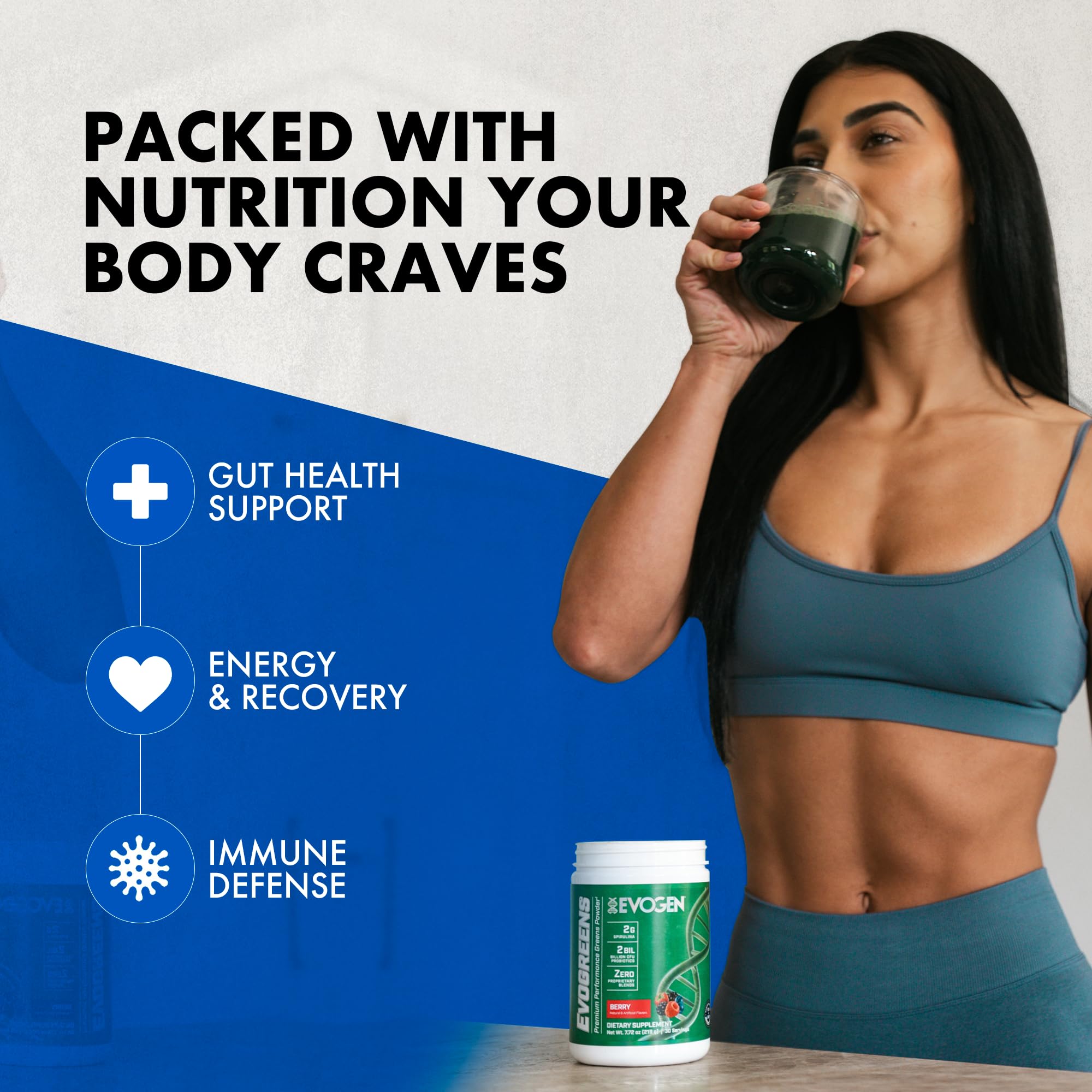 Shelf-stable probiotic capsules accompanying Evogreens