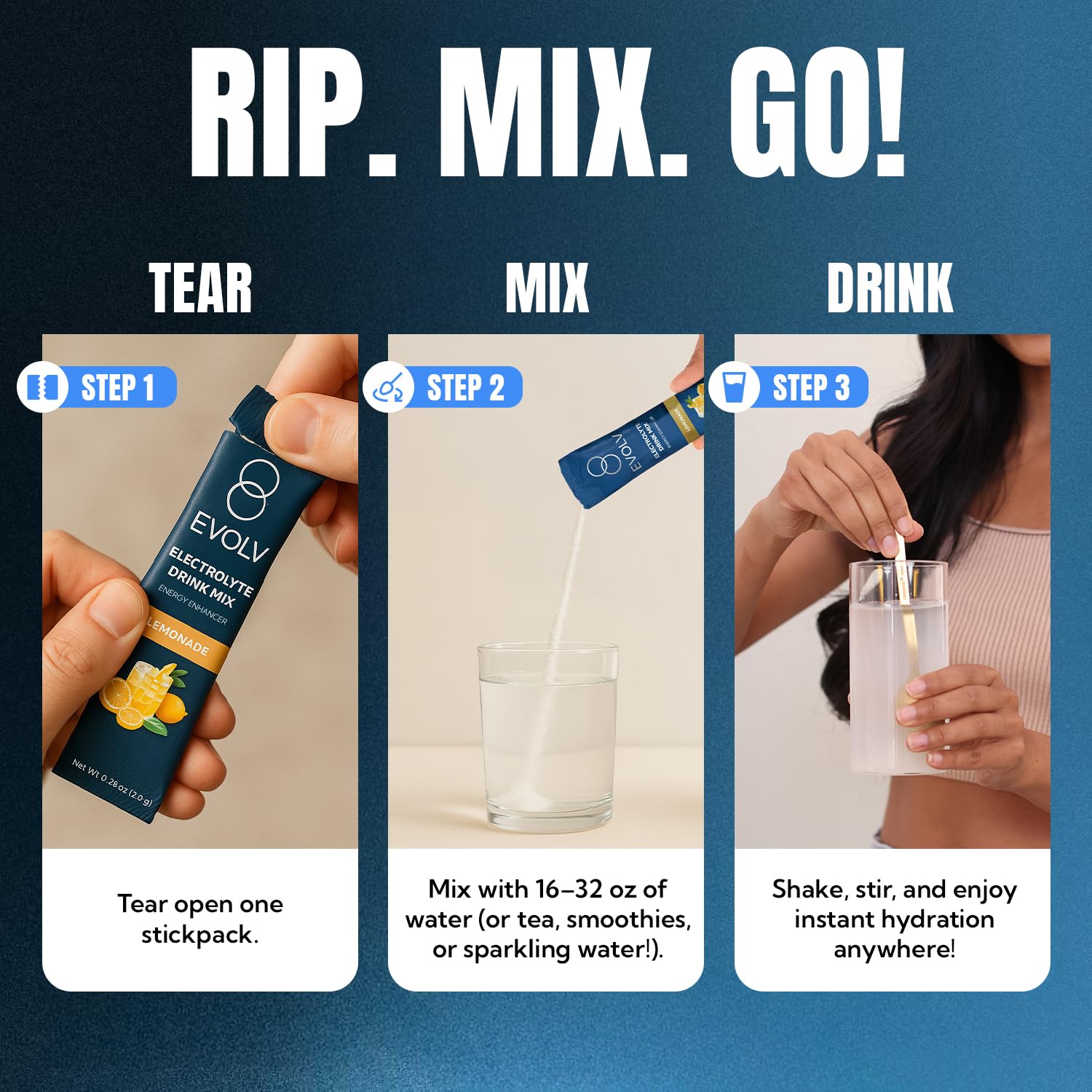 EVOLV Electrolytes packet dissolving in water for instant hydration.