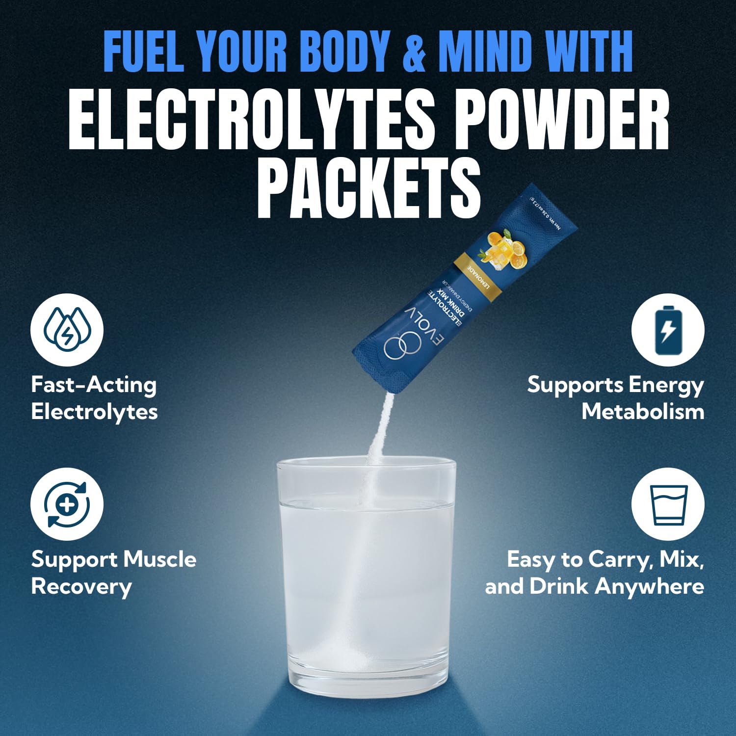 EVOLV Electrolytes packet on-the-go—perfect travel hydration companion.