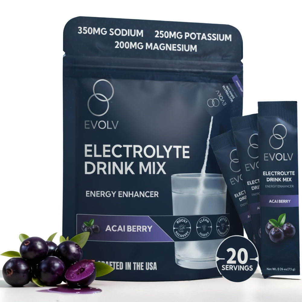 EVOLV Electrolytes packet open—convenient hydration for quick workouts.