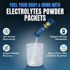 EVOLV Electrolytes glass of water with packet—refreshing, low-sugar hydration.