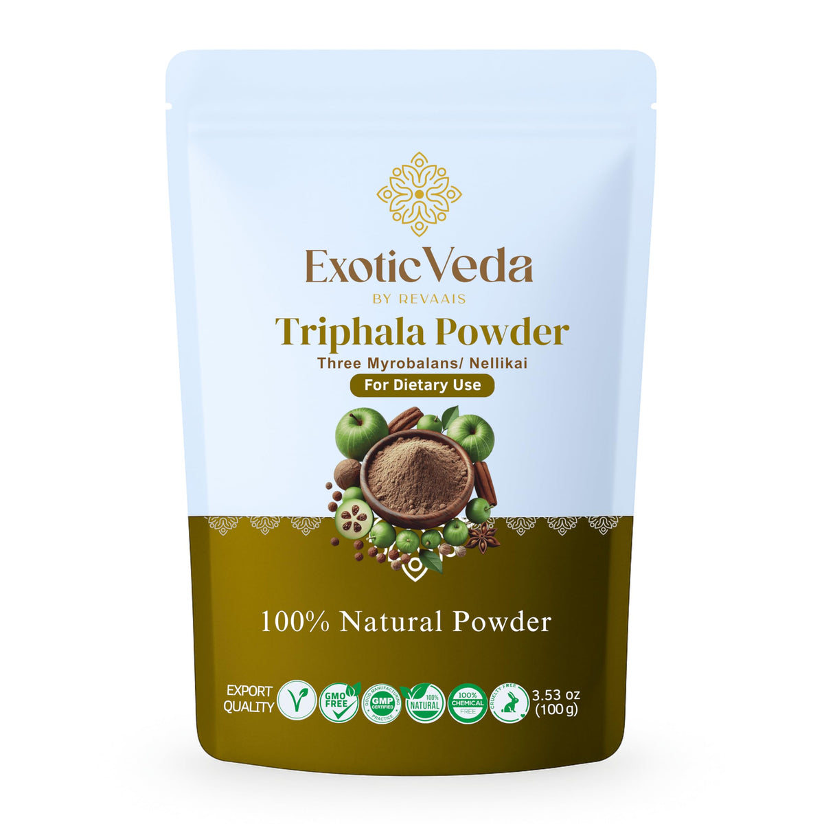 Front view of Exotic Veda Triphala Powder 100g jar with label