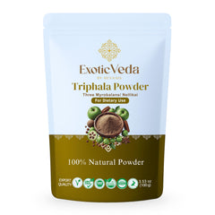 Front view of Exotic Veda Triphala Powder 100g jar with label